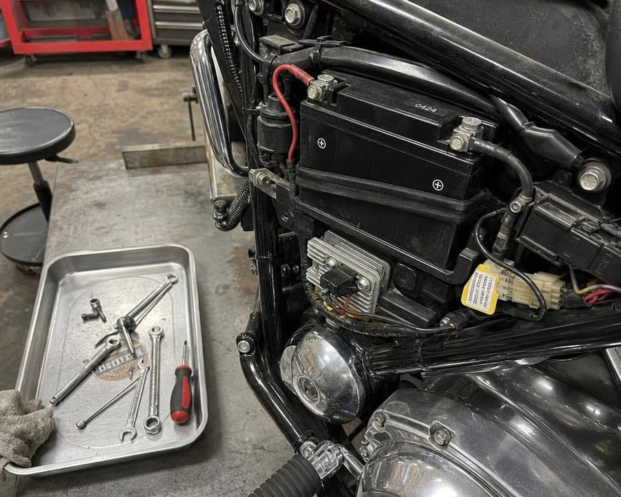 A motorcycle being repaired